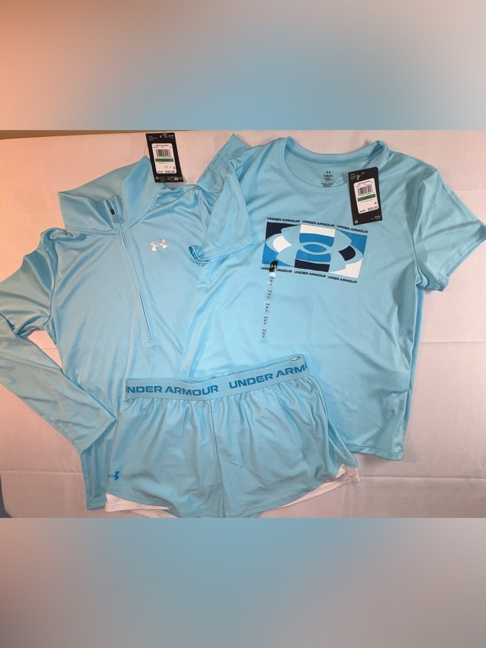 Under Armour "UA Tech" Sky Blue Half-Zip & Tee, w Bonus Shorts, Size Y Large
